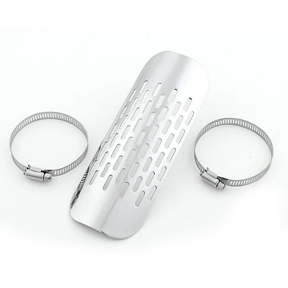 Silver Motorcycle Exhaust Muffler Heat Shield Cover Heel Guard Chrome Universal - Fresh Stock Dated October 2025