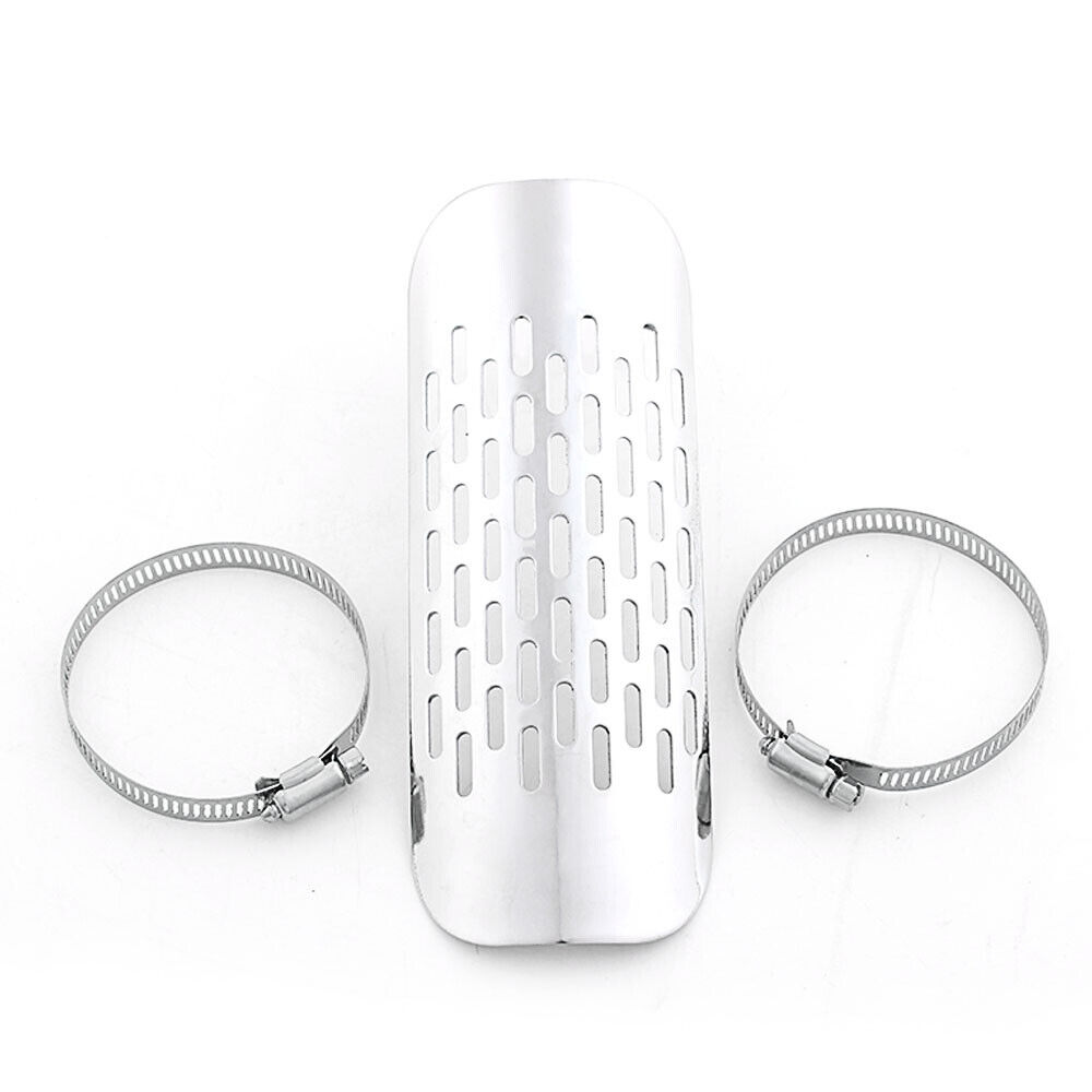 Silver Motorcycle Exhaust Muffler Heat Shield Cover Heel Guard Chrome Universal - Fresh Stock Dated October 2025