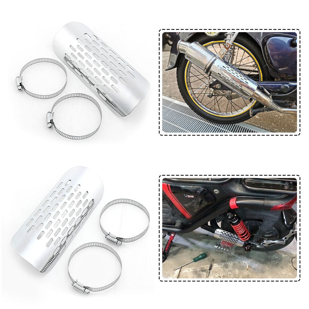 Silver Motorcycle Exhaust Muffler Heat Shield Cover Heel Guard Chrome Universal - Fresh Stock Dated October 2025