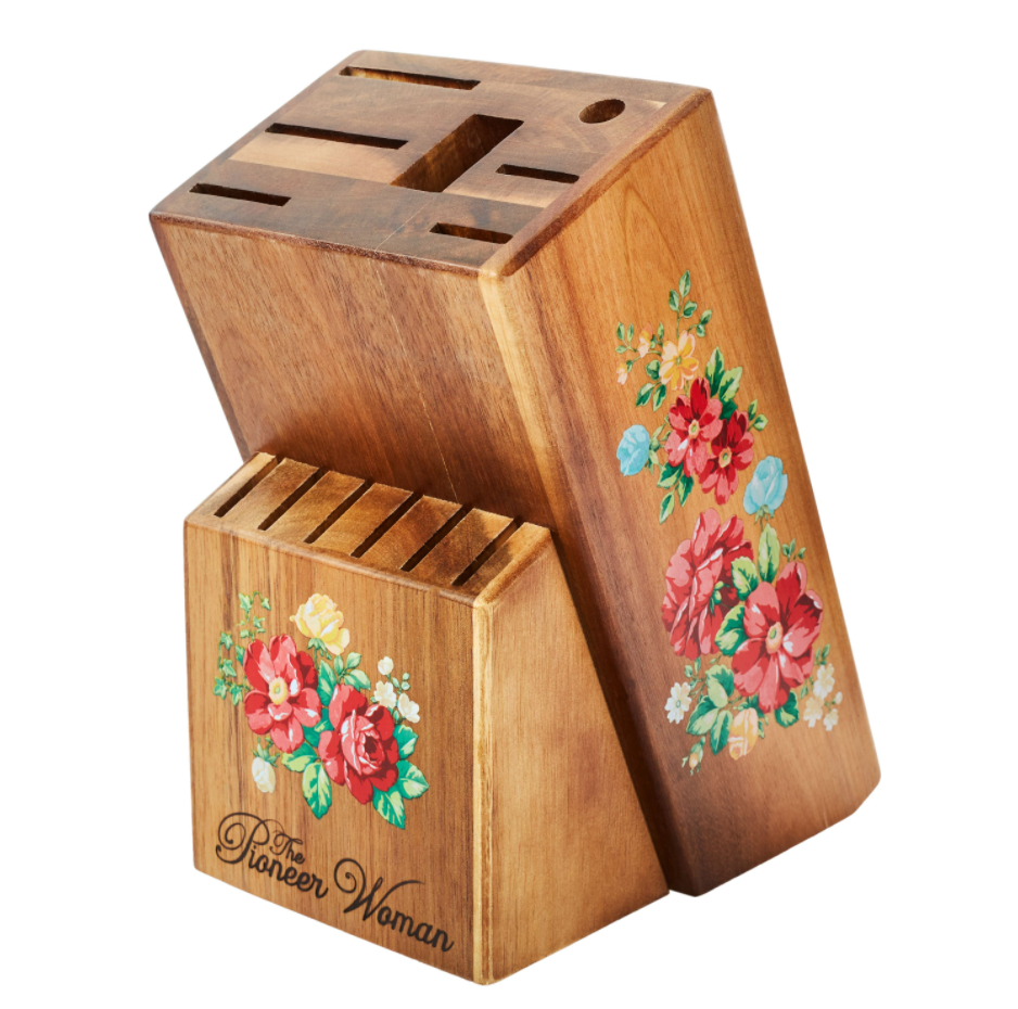 Pioneer Woman Vintage Floral 14-Piece Cutlery Kitchen Set Wood Block Home Dining - Fresh Stock Dated October 2025