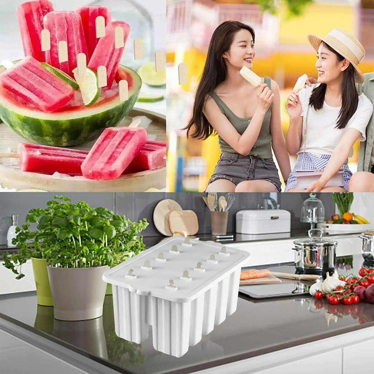 10-Cell Reusable Silicone Ice Pop Molds Easy Release Popsicle Maker w/50 Sticks - Fresh Stock Dated October 2025