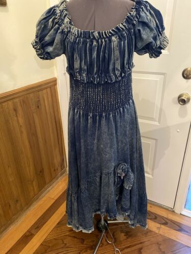 RETRO VTG Carreli AcidWashed Denim GYPSY PEASANT Style HI LO RUFFLE JEAN DRESS M - Fresh Stock Dated October 2025