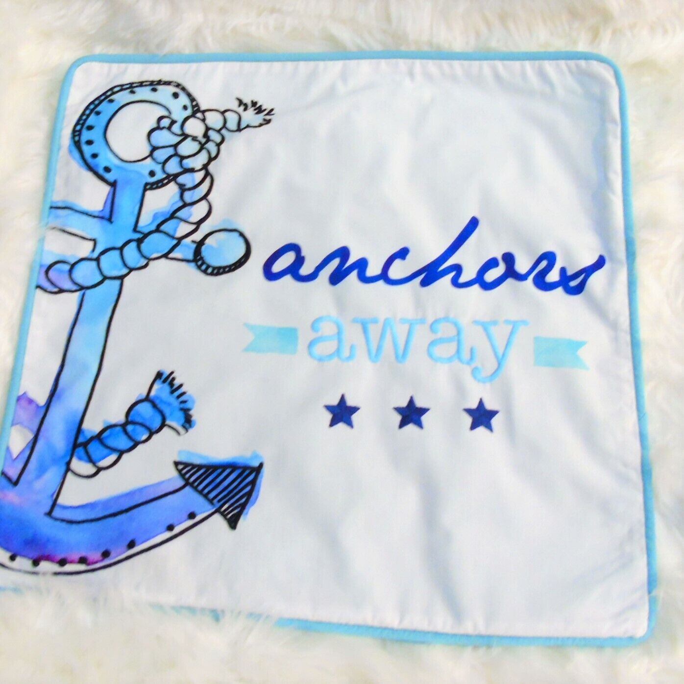 PB COASTAL PHRASE PILLOW COVER 18x18 Anchors Away Nautical Teal Purple Display - Fresh Stock Dated October 2025