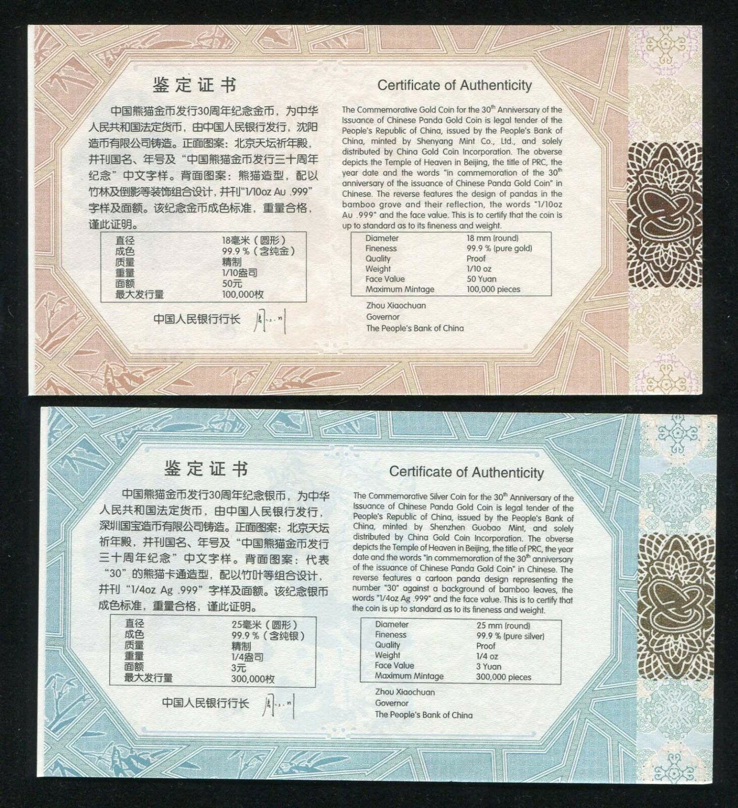 China 2012 Gold + Silver Coins Set - 30th Anni. of Issuance of Panda Gold Coin - Fresh Stock Dated October 2025