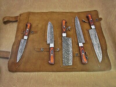 5 piece Kitchen knife set, Hand forged hammered Damascus steel Orange Black - Fresh Stock Dated October 2025