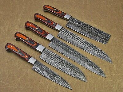 5 piece Kitchen knife set, Hand forged hammered Damascus steel Orange Black - Fresh Stock Dated October 2025
