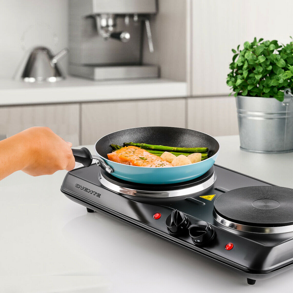 Ovente Electric Cast Iron Burner 7 Inch Double Hot Plate Compact Cooktop BGS102B - Fresh Stock Dated October 2025