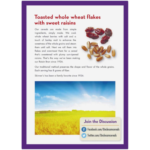 Uncle Sam Skinner's Raisin Bran Cereal, High Fiber, Whole Grain, Non-GMO Project - Fresh Stock Dated October 2025