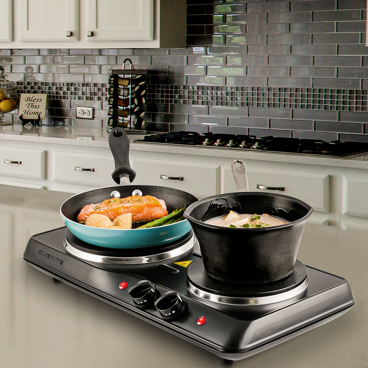 Ovente Electric Cast Iron Burner 7 Inch Double Hot Plate Compact Cooktop BGS102B - Fresh Stock Dated October 2025