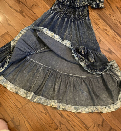 RETRO VTG Carreli AcidWashed Denim GYPSY PEASANT Style HI LO RUFFLE JEAN DRESS M - Fresh Stock Dated October 2025
