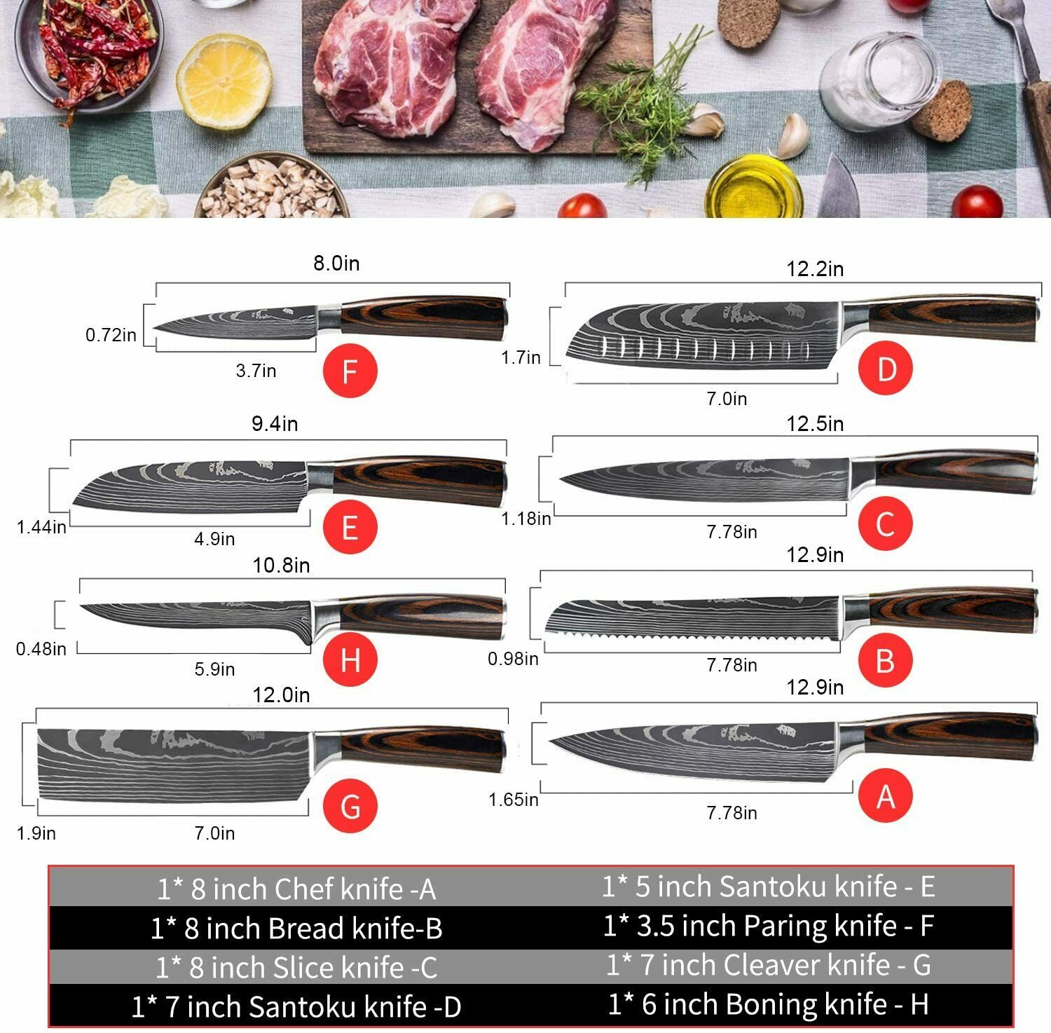 Stainless 8 Pcs Professional Knives Set Damascus Chef's Style Knife Kitchen Tool - Fresh Stock Dated October 2025