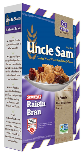 Uncle Sam Skinner's Raisin Bran Cereal, High Fiber, Whole Grain, Non-GMO Project - Fresh Stock Dated October 2025