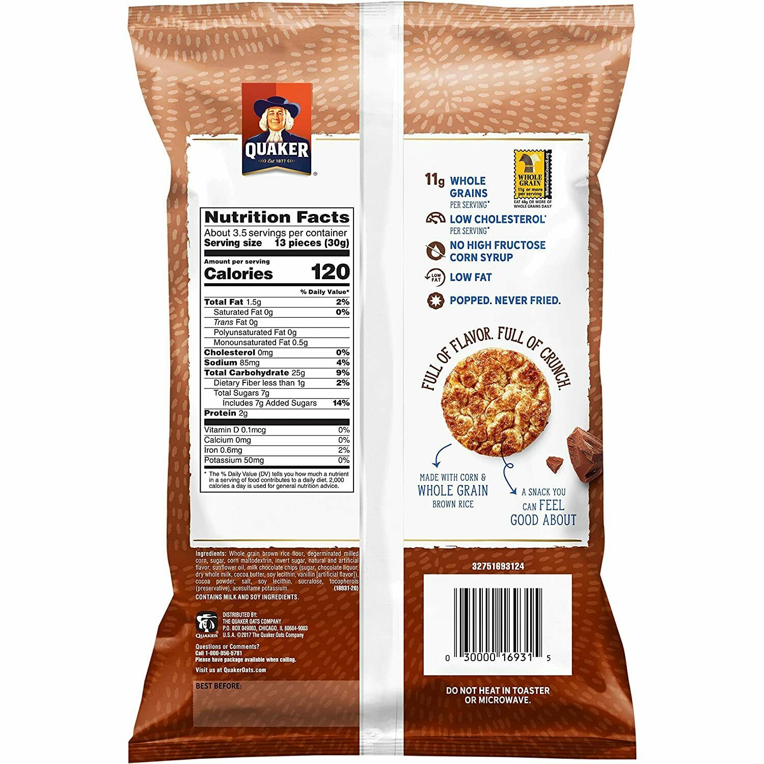 Quaker Rice Crisps Chocolate 3.53 oz Bag 6 Pack (3.53 oz) OR 3 (7 oz) - Fresh Stock Dated October 2025