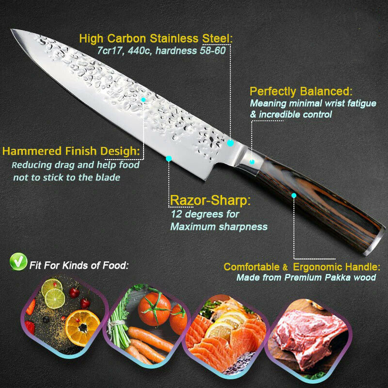 5PCS Kitchen Knife Set Japanese Chef Knives Carbon Stainless Steel Blade Vintage - Fresh Stock Dated October 2025