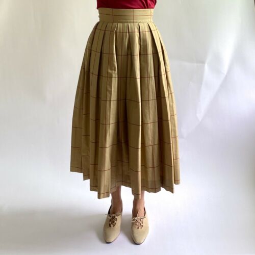 80s Perry Ellis High Waist Box Pleat Cotton Windowpane Check Skirt in Khaki/Red - Fresh Stock Dated October 2025