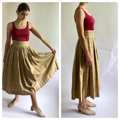 80s Perry Ellis High Waist Box Pleat Cotton Windowpane Check Skirt in Khaki/Red - Fresh Stock Dated October 2025