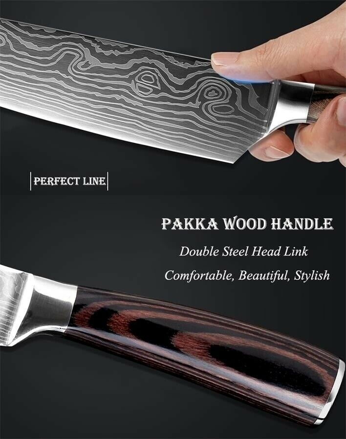 Kitchen Chef Knife Set 8 Pcs Stainless Steel Damascus Pattern Sharp Cleaver Gift - Fresh Stock Dated October 2025