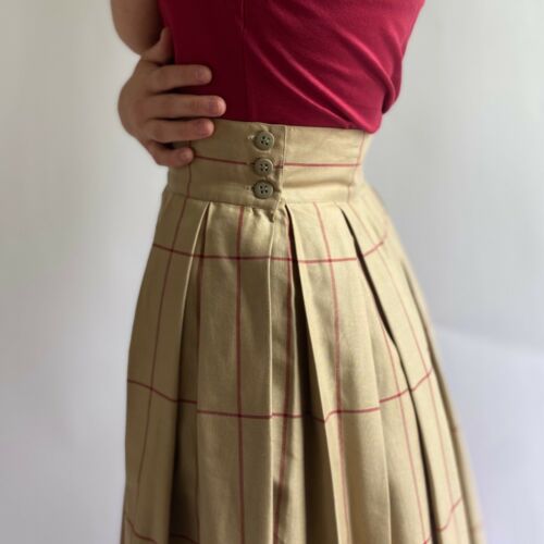 80s Perry Ellis High Waist Box Pleat Cotton Windowpane Check Skirt in Khaki/Red - Fresh Stock Dated October 2025