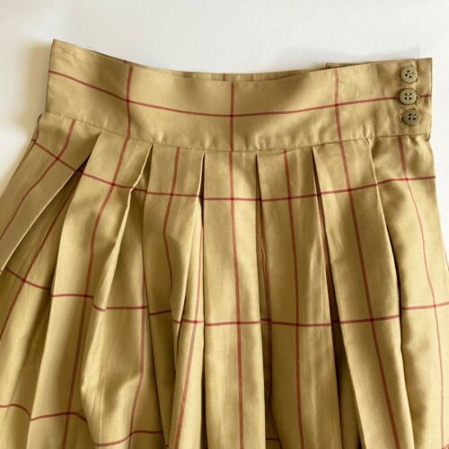 80s Perry Ellis High Waist Box Pleat Cotton Windowpane Check Skirt in Khaki/Red - Fresh Stock Dated October 2025