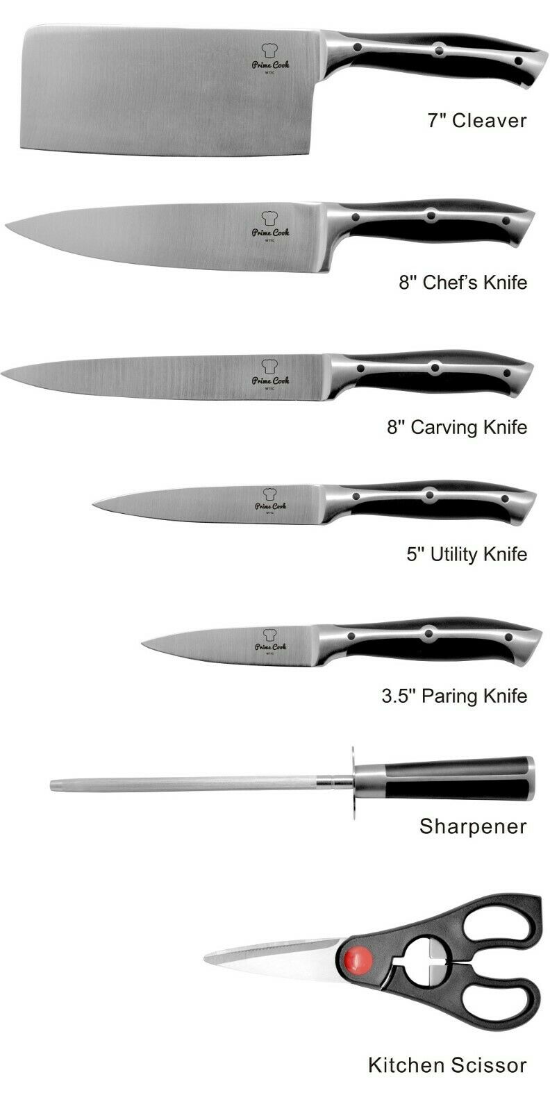 8 Pieces Kitchen Knife Set/Stainless Steel/BLACK/Cleaver by Prime Cook - Fresh Stock Dated October 2025