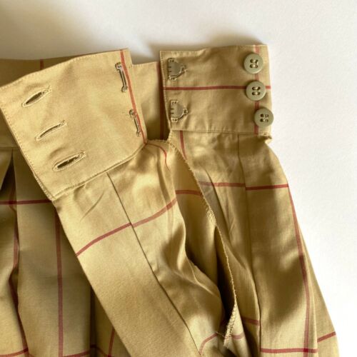 80s Perry Ellis High Waist Box Pleat Cotton Windowpane Check Skirt in Khaki/Red - Fresh Stock Dated October 2025
