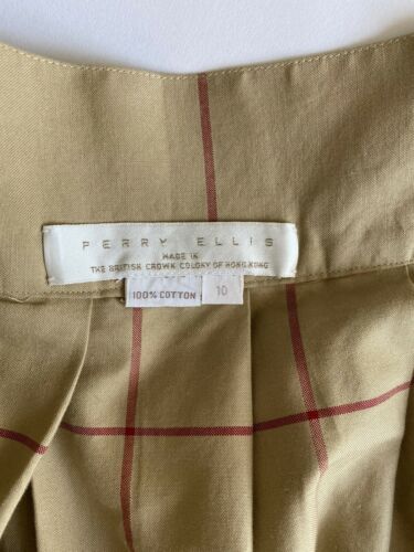 80s Perry Ellis High Waist Box Pleat Cotton Windowpane Check Skirt in Khaki/Red - Fresh Stock Dated October 2025