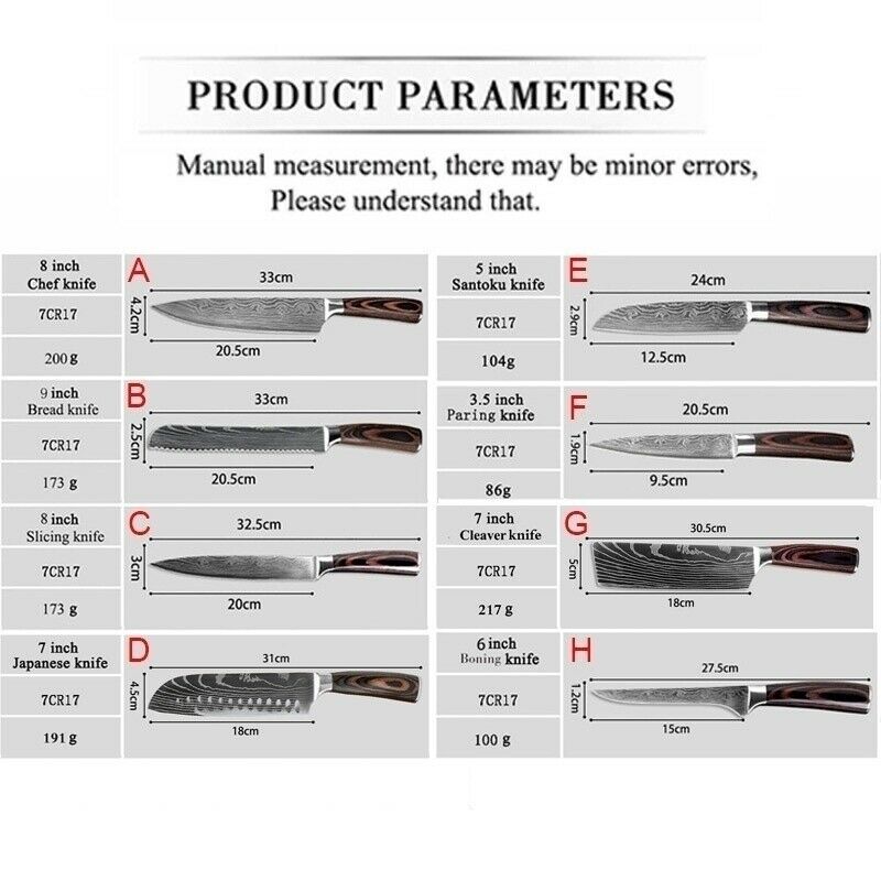 Kitchen Chef Knife Set 8 Pcs Stainless Steel Damascus Pattern Sharp Cleaver Gift - Fresh Stock Dated October 2025