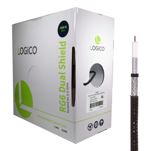 RG6 Coaxial Cable Dual Shield 1000FT Black + 50F-Type Compression Connectors Kit - Fresh Stock Dated October 2025