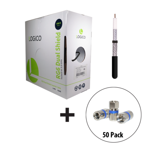 RG6 Coaxial Cable Dual Shield 1000FT Black + 50F-Type Compression Connectors Kit - Fresh Stock Dated October 2025