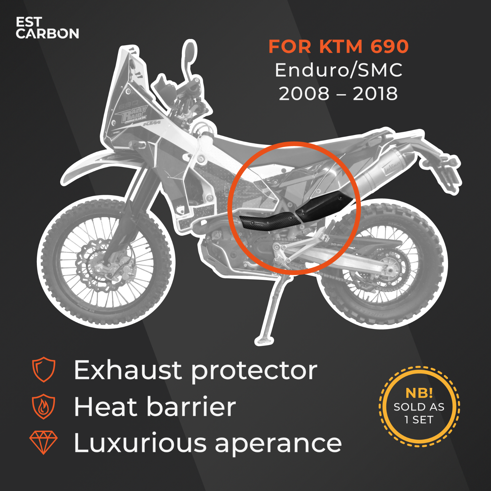 Exhaust Heat Shield Cover Protector, KTM 690 SMC/Enduro/Duke 08-18 Carbon Fiber - Fresh Stock Dated October 2025