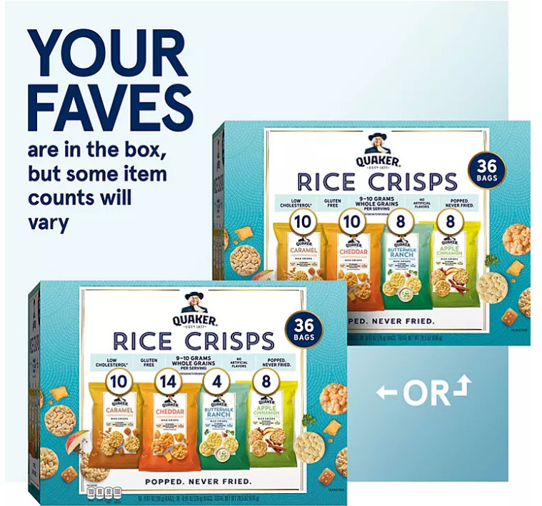 Quaker Rice Crisps Variety Pack (36 pk.) - Fresh Stock Dated October 2025