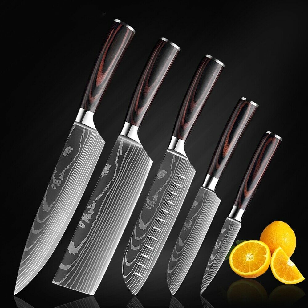 5 Piece Kitchen Knives Set Japanese Damascus Pattern Stainless Steel Chef Knife - Fresh Stock Dated October 2025