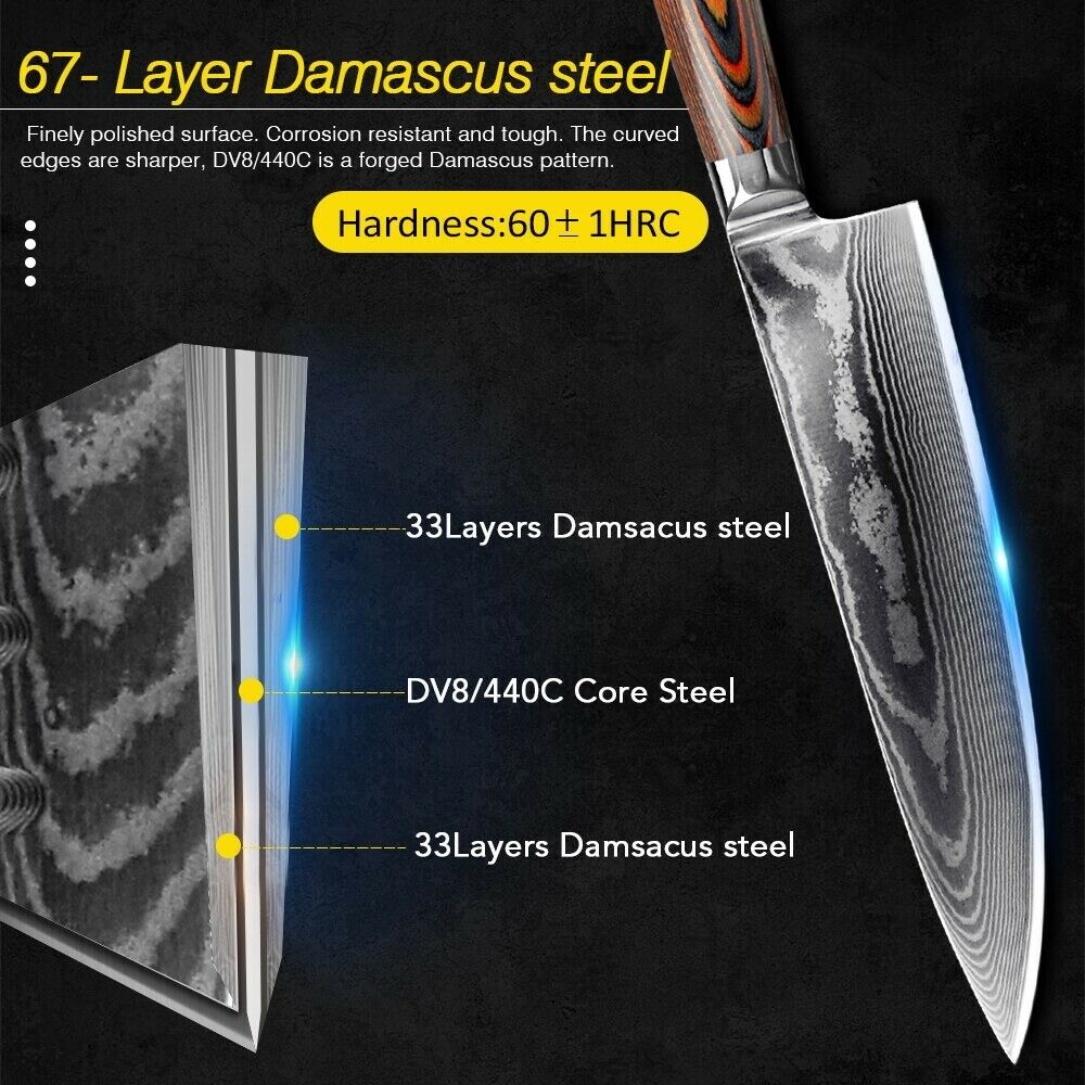 Kitchen Damascus Steel Chef Knife Set Handmade VG10 67 Layers Knives Wood Handle - Fresh Stock Dated October 2025