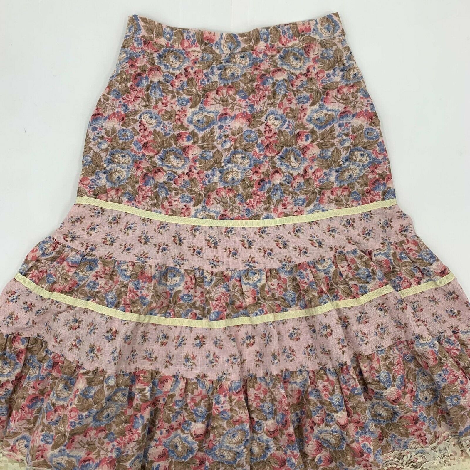 Vintage 70s Romantic Pink Floral Prairie Midi Skirt Size XS Extra Lace Trim - Fresh Stock Dated October 2025