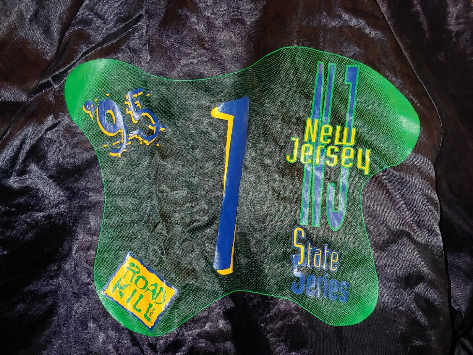Vintage 1990's BMX Bicycle Racing Satin Jacket,New Jersey State Series,Road Kill - Fresh Stock Dated October 2025