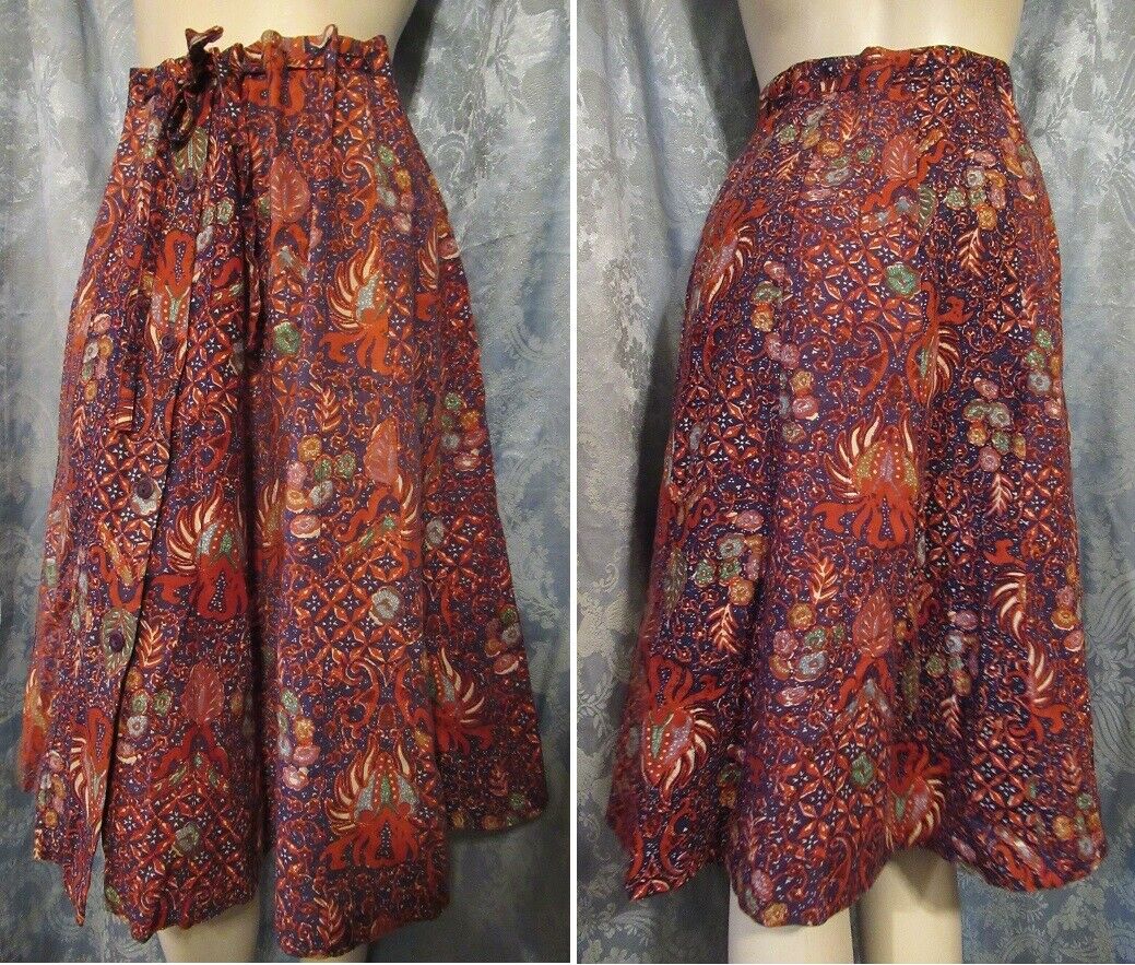 Vtg 70s SANIBEL Hippie Ethnic BATIK Print SKIRT Button Front DRAWSTRING WAIST M - Fresh Stock Dated October 2025