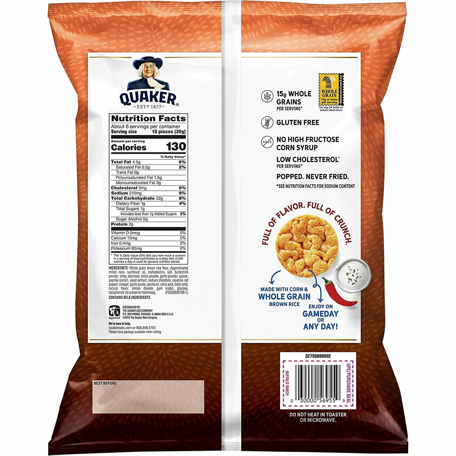 Quaker Rice Crisps, Buffalo Ranch Hot Spicy 3.03oz Bag (6 Pack) - Fresh Stock Dated October 2025