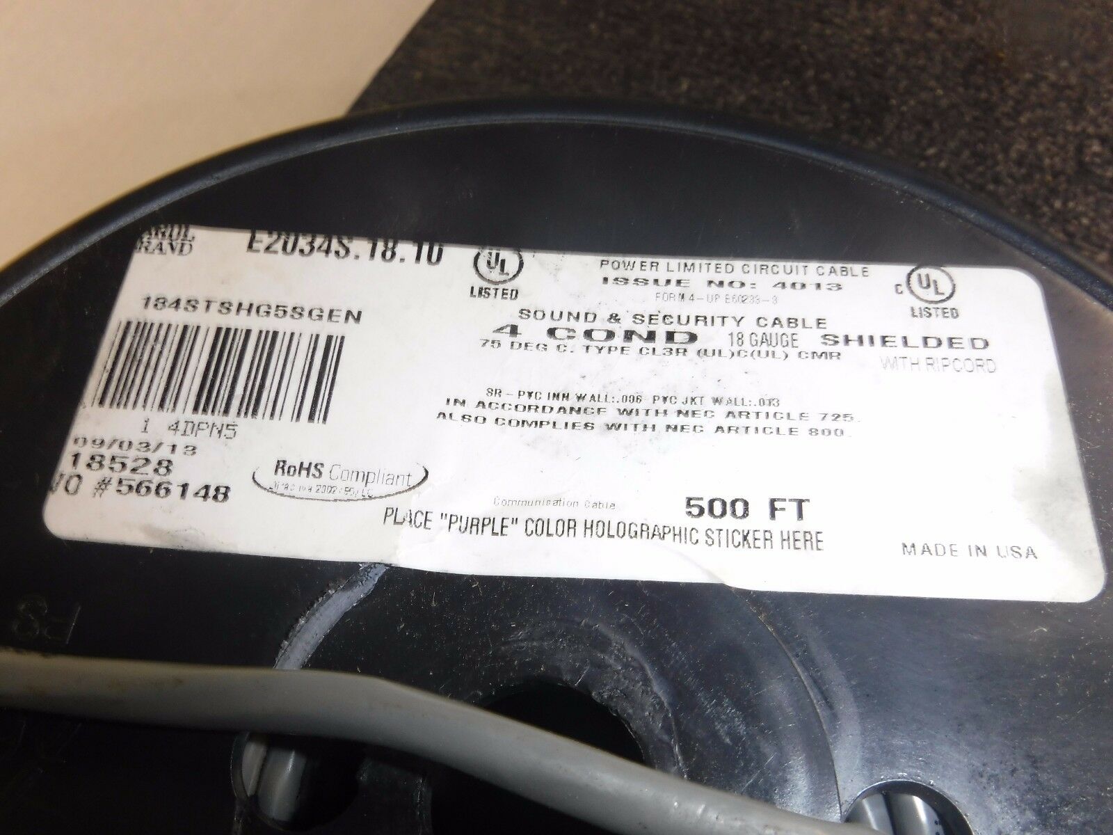 E2034S.18.10 Wire, Shielded, Riser, 18/4, 500 Ft, Gray(P) - Fresh Stock Dated October 2025