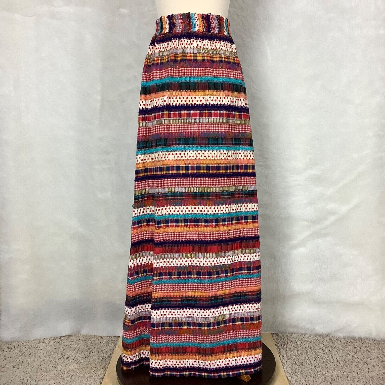 Vintage 60s 70s Embroidered Crochet Patchwork Smocked Maxi Skirt - Fresh Stock Dated October 2025