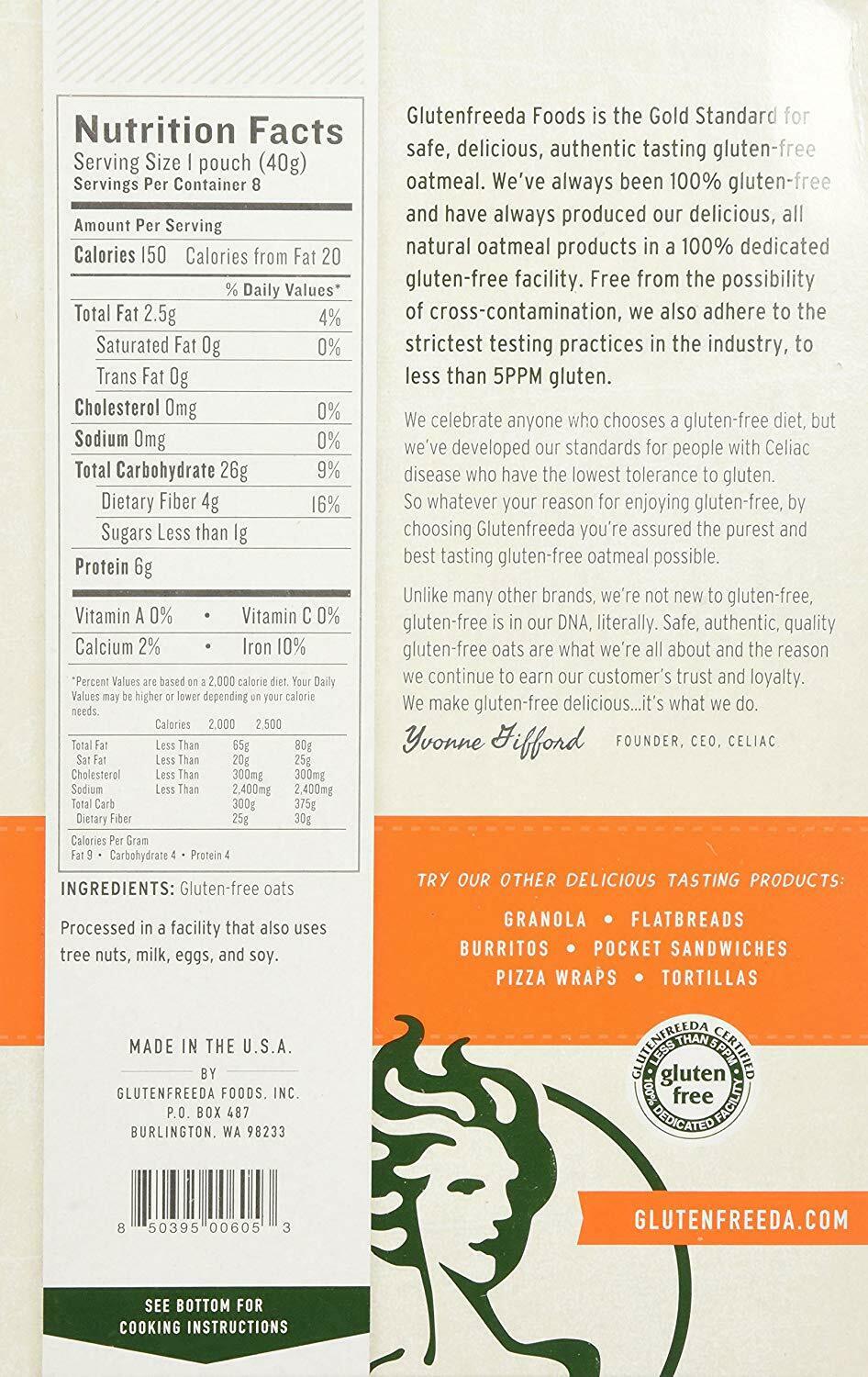 Glutenfreeda Gluten Free Instant Oatmeal, Natural, 8-packet Box, 8 Pack - Fresh Stock Dated October 2025