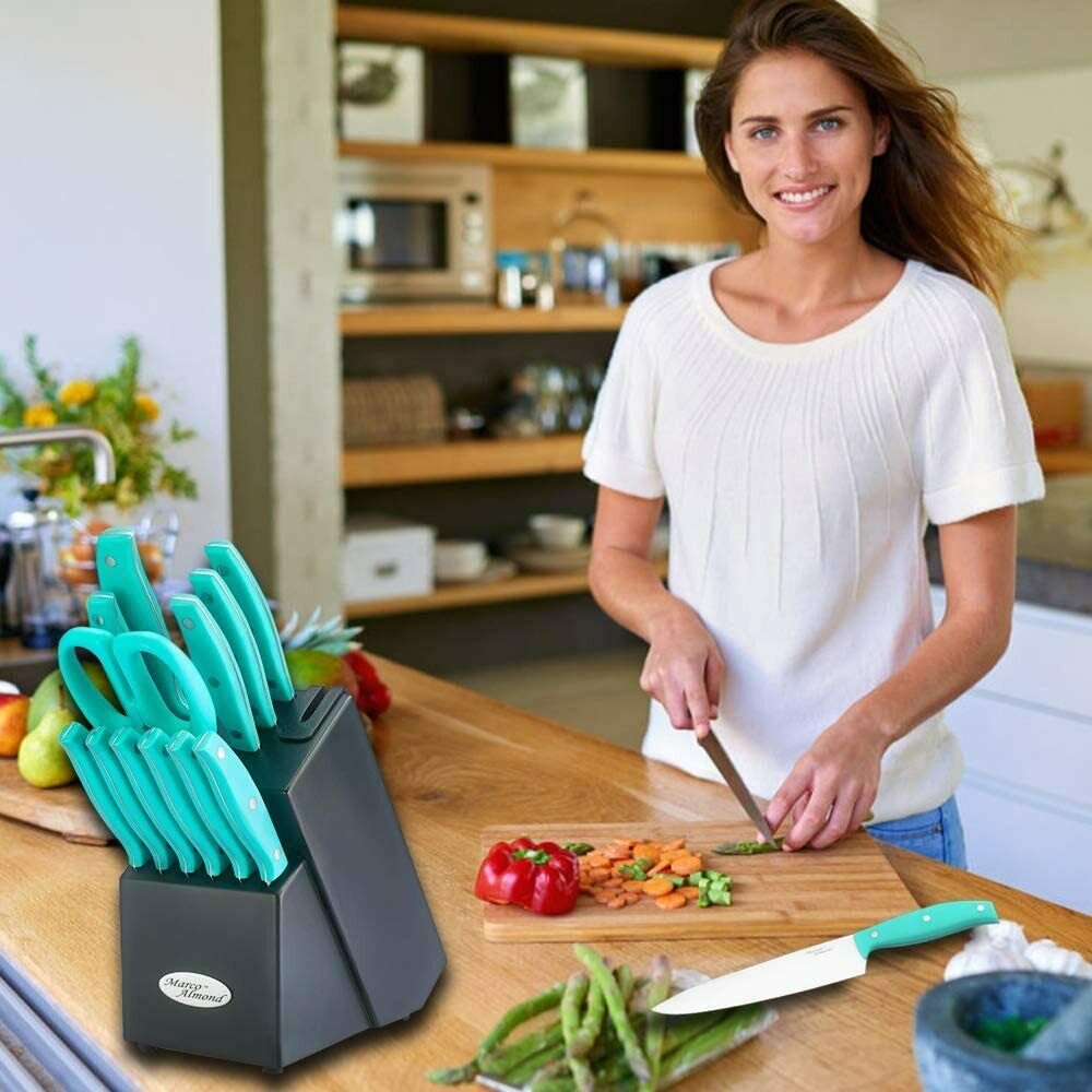 14PCS Stainless Steel Kitchen Knives Cutlery Set with Block Built-in Sharpener - Fresh Stock Dated October 2025