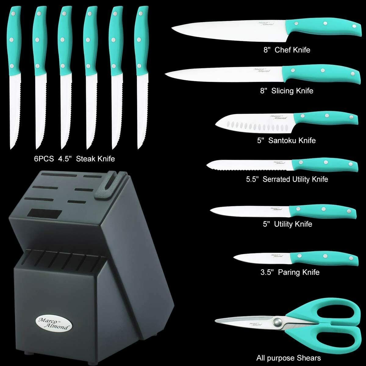 14PCS Stainless Steel Kitchen Knives Cutlery Set with Block Built-in Sharpener - Fresh Stock Dated October 2025