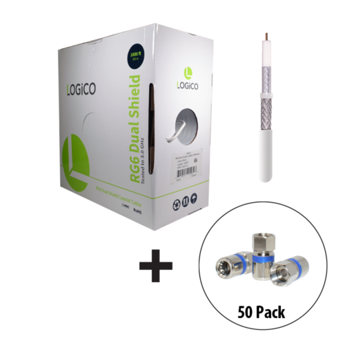 RG6 Coaxial Cable Dual Shield 1000FT White + 50xF-Type Compression Connector Kit - Fresh Stock Dated October 2025
