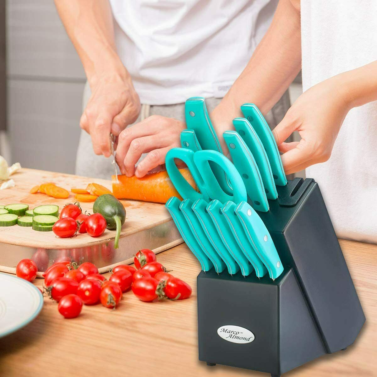 14PCS Stainless Steel Kitchen Knives Cutlery Set with Block Built-in Sharpener - Fresh Stock Dated October 2025