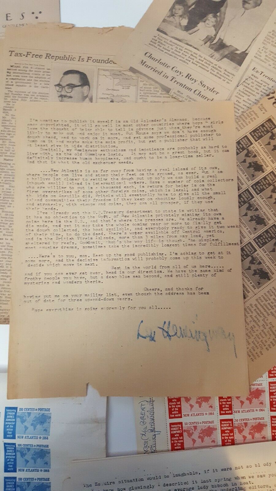 RARE Leicester Hemingway New Atlantis Stamps Signed Letters and More LOOK - Fresh Stock Dated October 2025