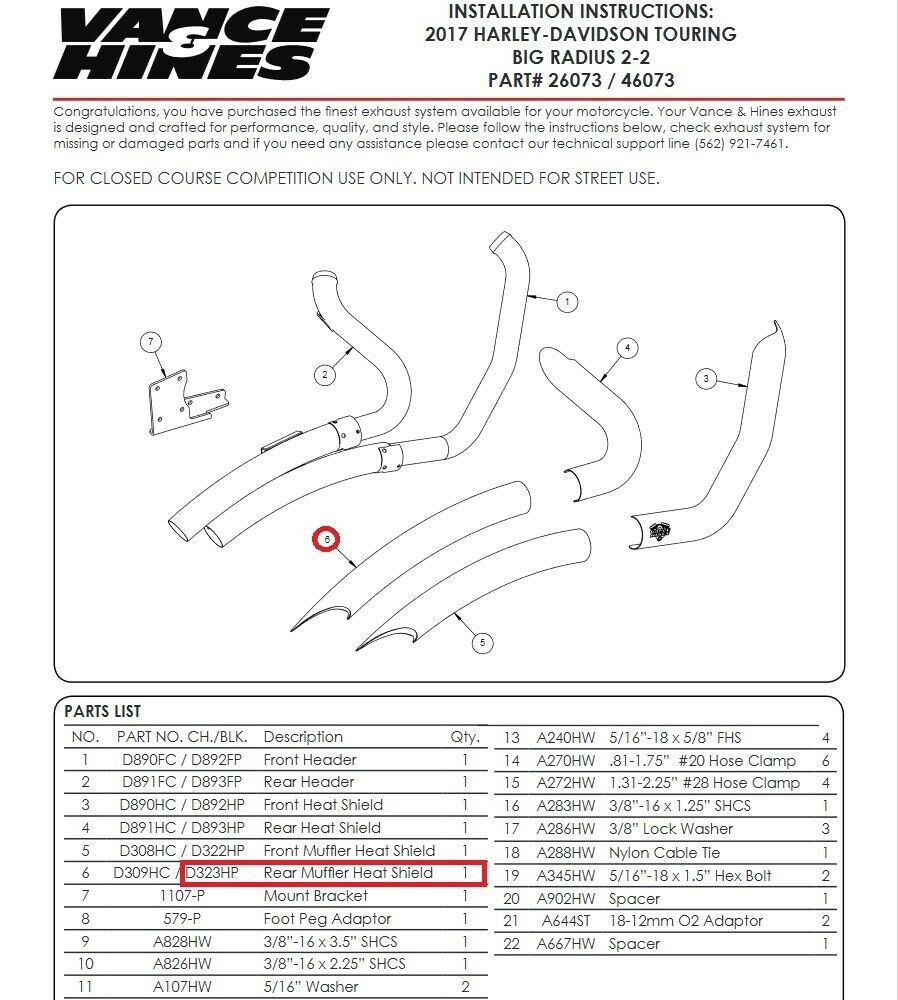 VANCE & HINES HARLEY '17-21 TOURING BLACK HEAT SHIELD FOR 2:2 BIG RADIUS EXHAUST - Fresh Stock Dated October 2025