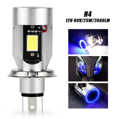 H4 HB2 9003 2600LM Motorcycle LED Headlight Kit Hi/Lo Bulb With Blue Halo Rings - Fresh Stock Dated October 2025
