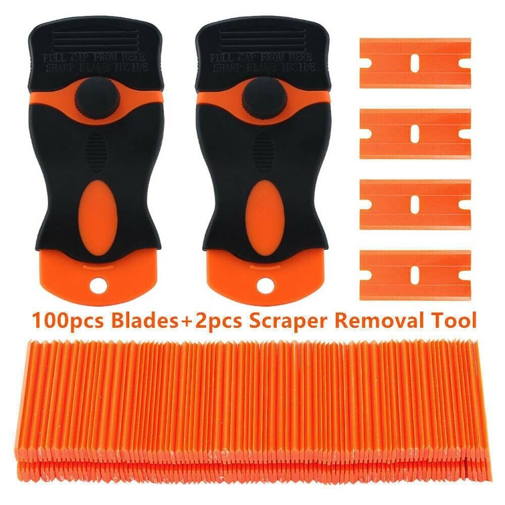 100 pcs Plastic Razor Blades and Razor Scraper Double Edged Sticker Removal Tool - Fresh Stock Dated October 2025