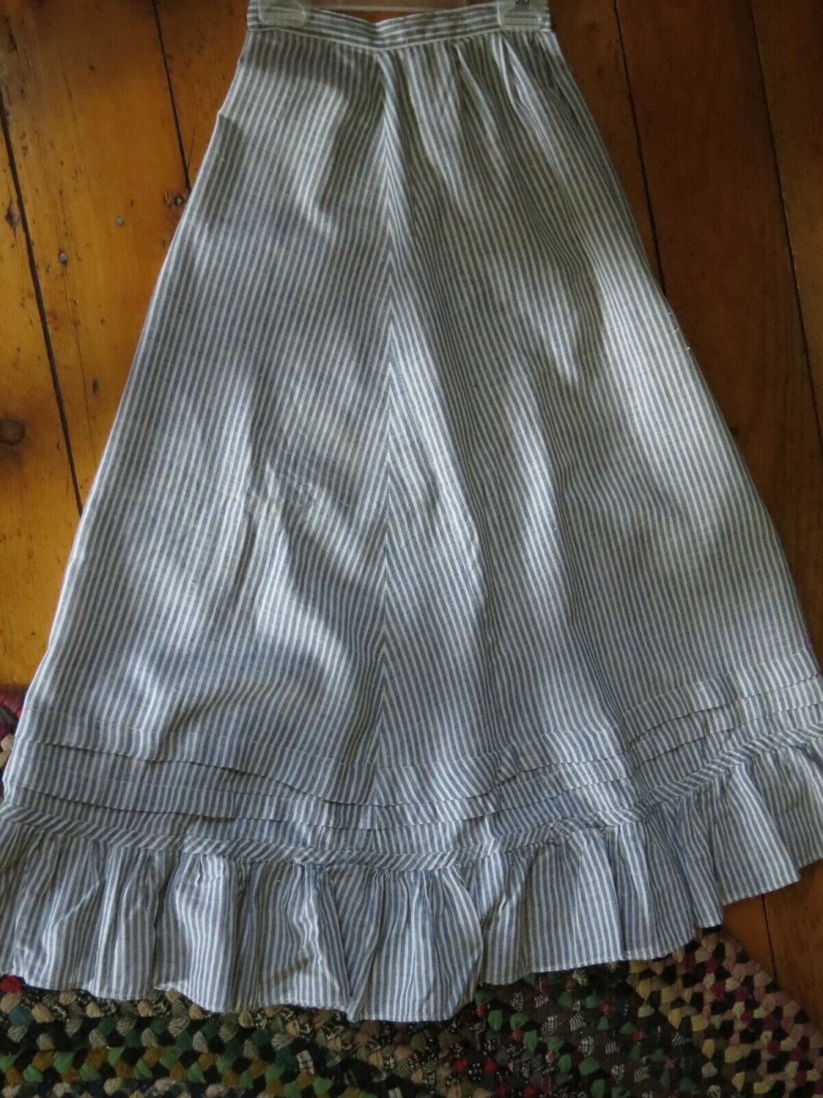 Vintage 1890's Ruffled Hem Skirt Blue Stripes on White Prairie Style - Fresh Stock Dated October 2025