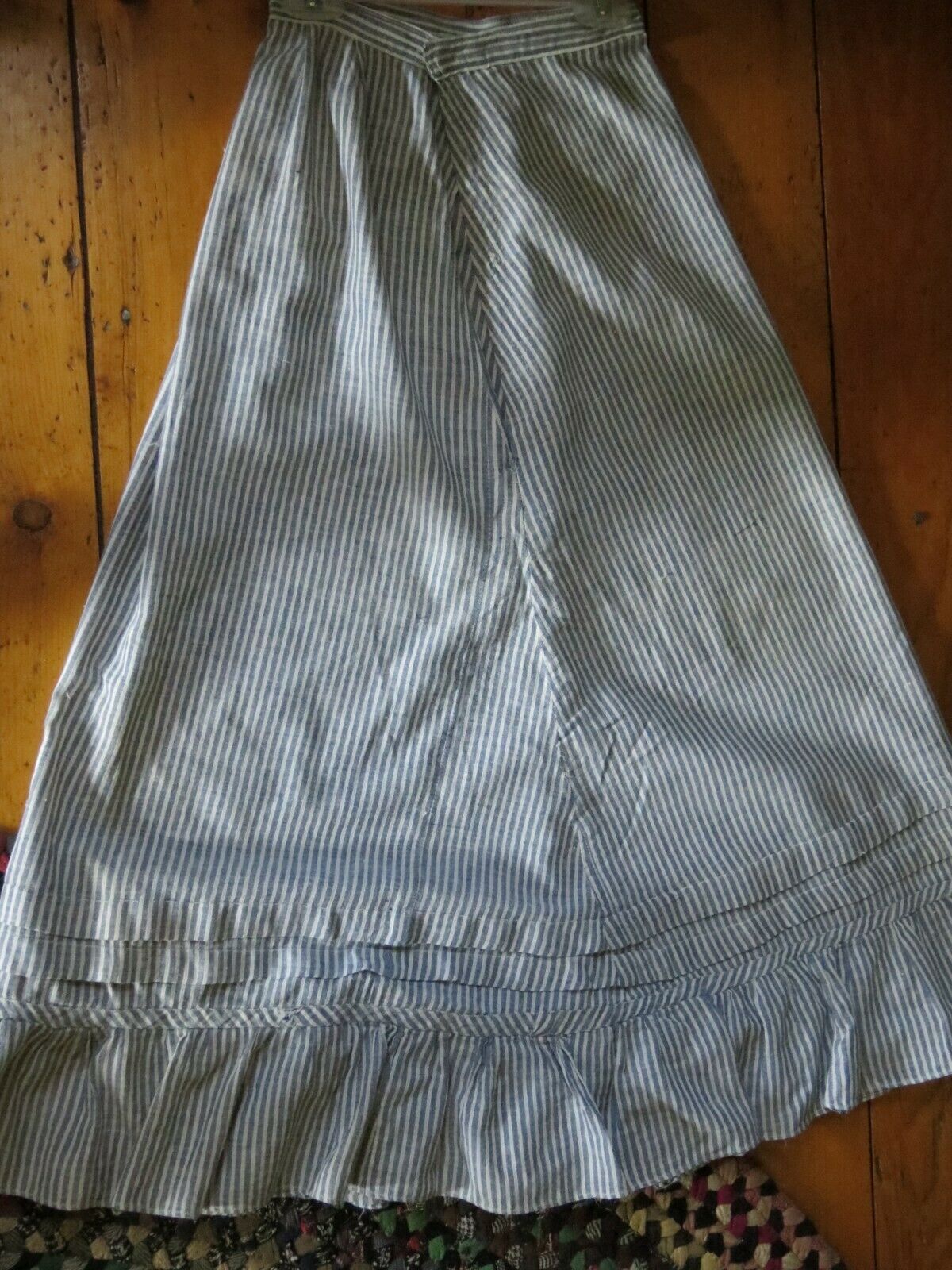 Vintage 1890's Ruffled Hem Skirt Blue Stripes on White Prairie Style - Fresh Stock Dated October 2025